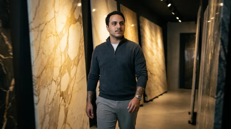 Walking a slab showroom while planning marketing for countertop companies